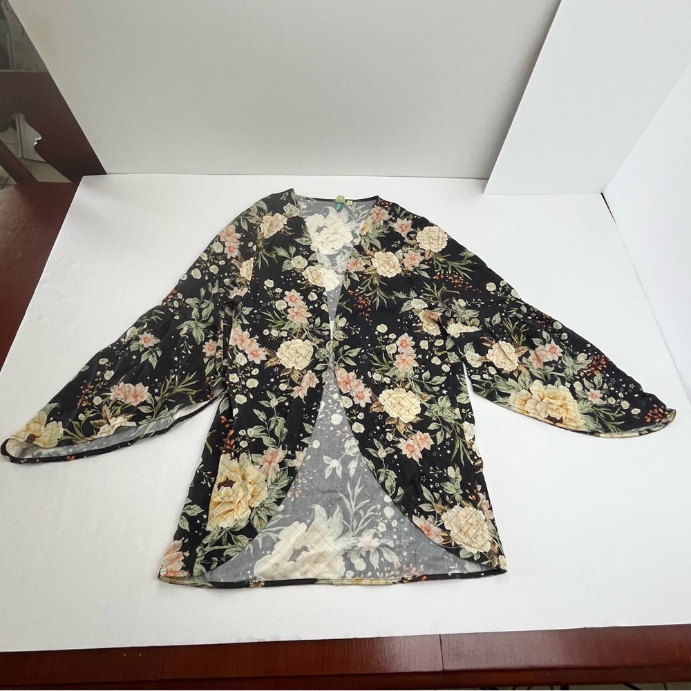 Farm Rio Anthropologie Womens Open Cardigan Black Floral OS One Size Bell Sleeve